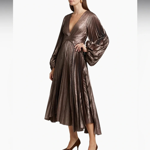 Acler Dresses & Skirts - Acler Palms Pleated Satin Midi-Dress Coffee Metallic